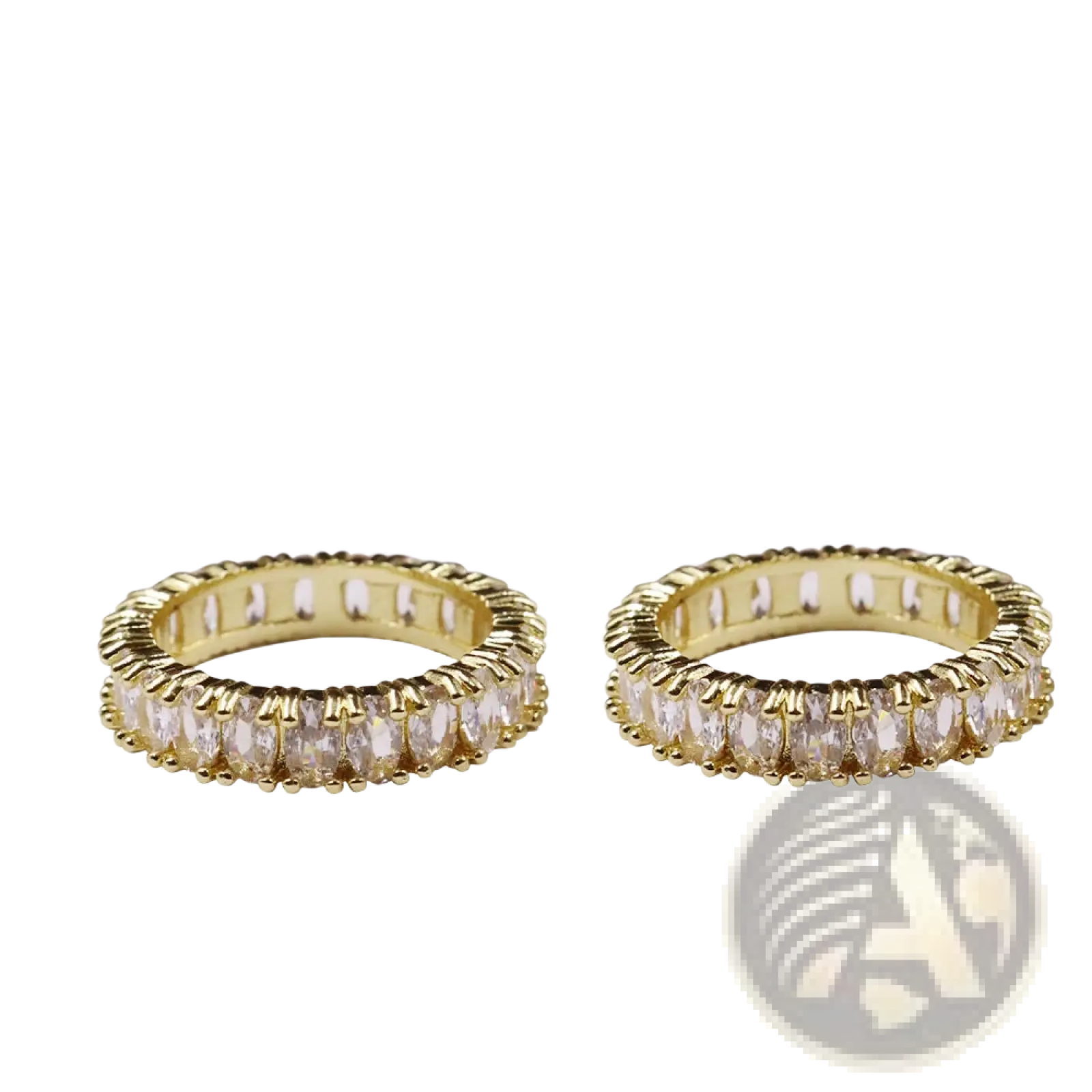 Gold-toned eternity band rings with clear faceted stones in an intricate bezel design from elegant eternity collection