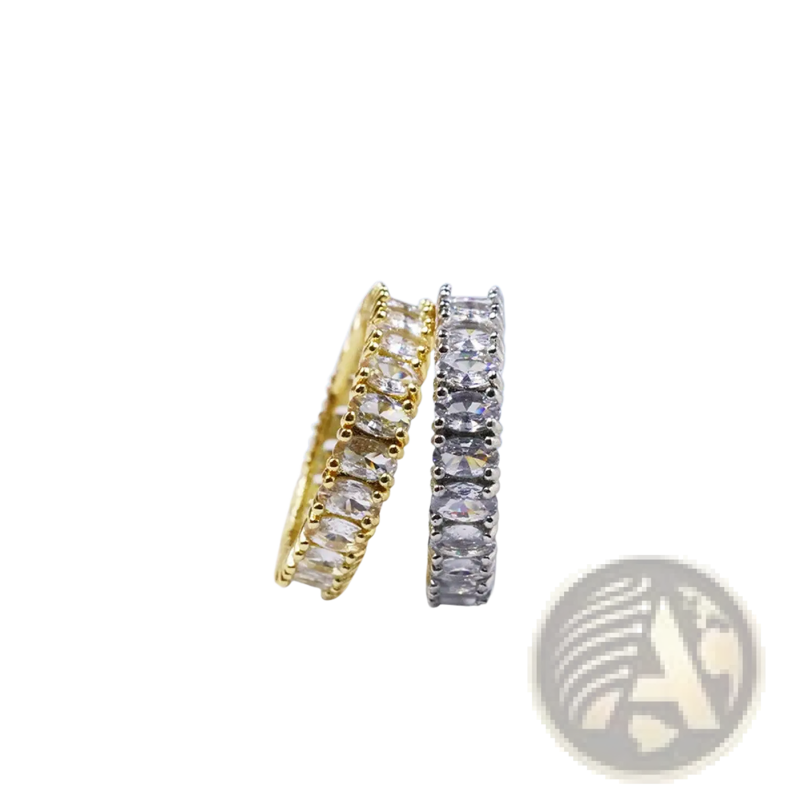 Two elegant eternity rings in gold and silver with continuous oval-cut clear stones from gemstone and pearl jewelry collection
