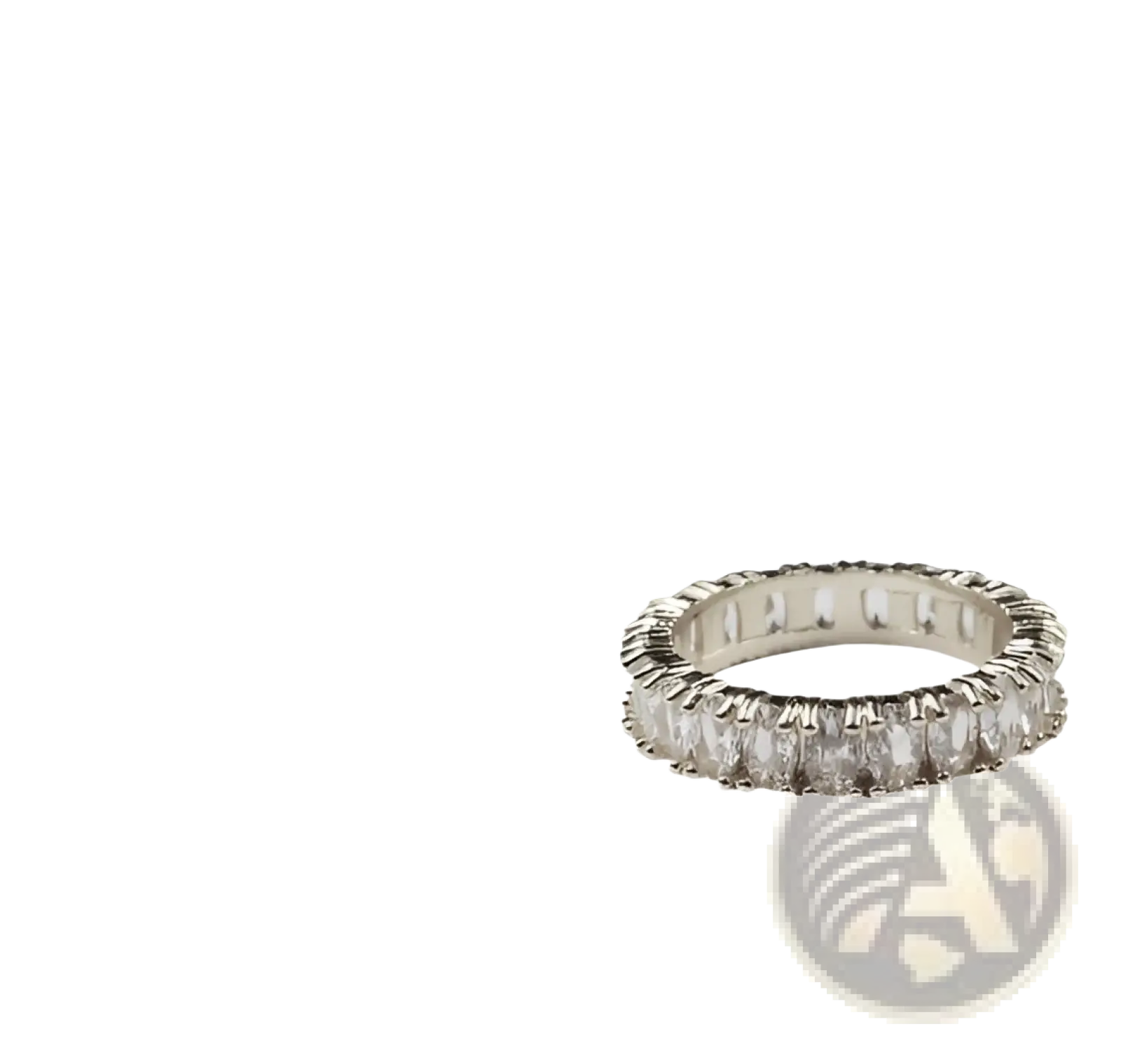 Silver eternity band ring with continuous clear faceted stones in polished metal from elegant eternity gemstone and pearl jewelry collection
