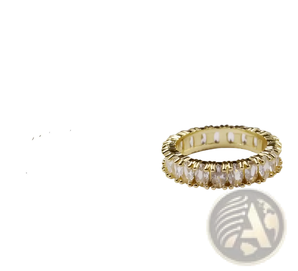 Gold-toned eternity ring with a continuous row of clear faceted stones from elegant eternity gemstone and pearl collection