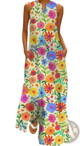 Elegant floral lace appliqué sleeveless maxi dress with colorful pink orange blue and yellow blossoms on cream background