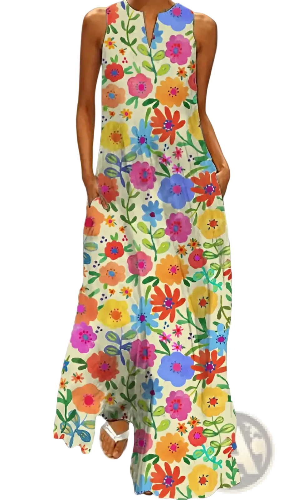 Elegant floral lace appliqué sleeveless maxi dress with colorful pink orange blue and yellow blossoms on cream background