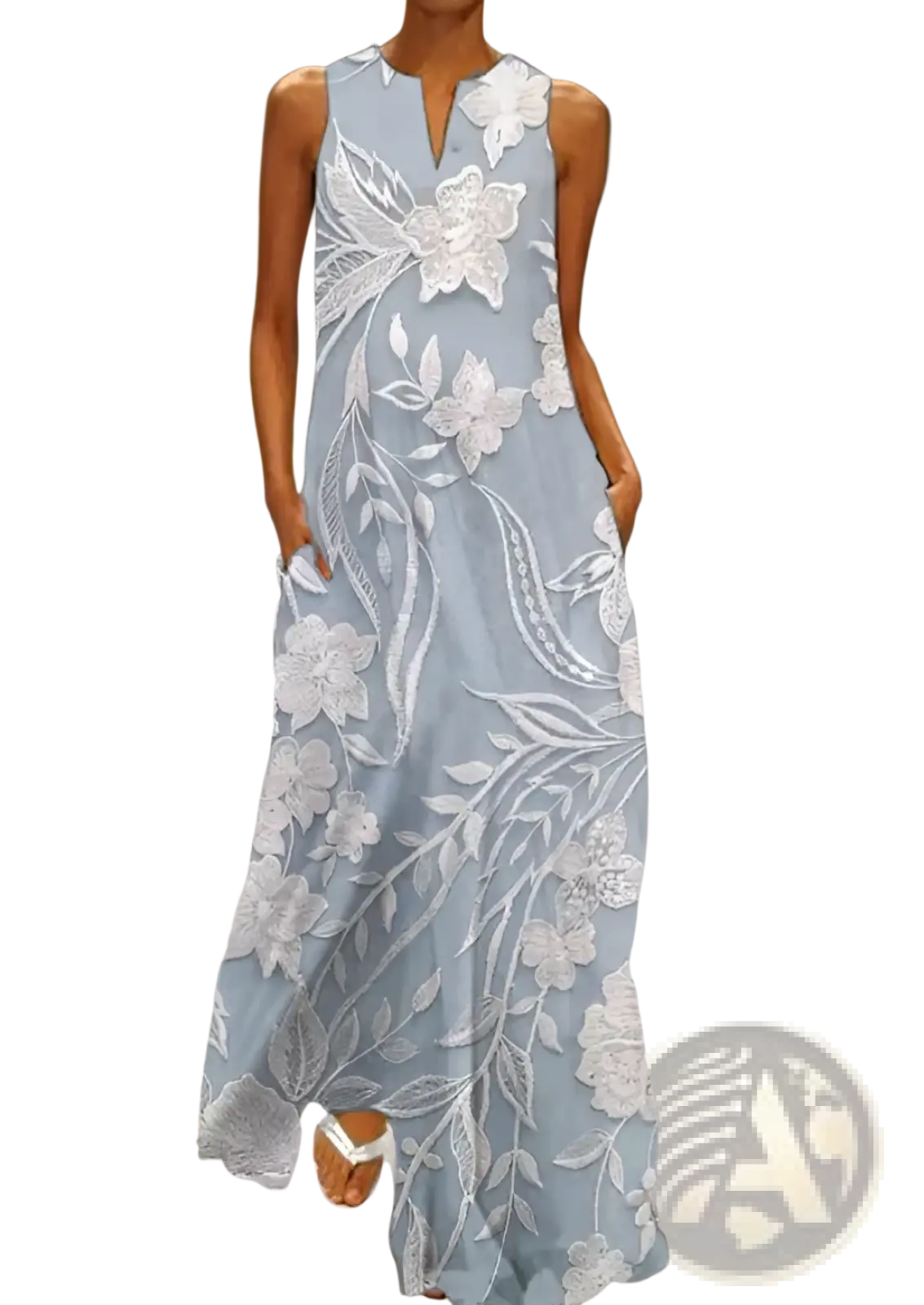 Elegant floral lace appliqué sleeveless maxi dress in light blue with white lace detailing and a v-neckline