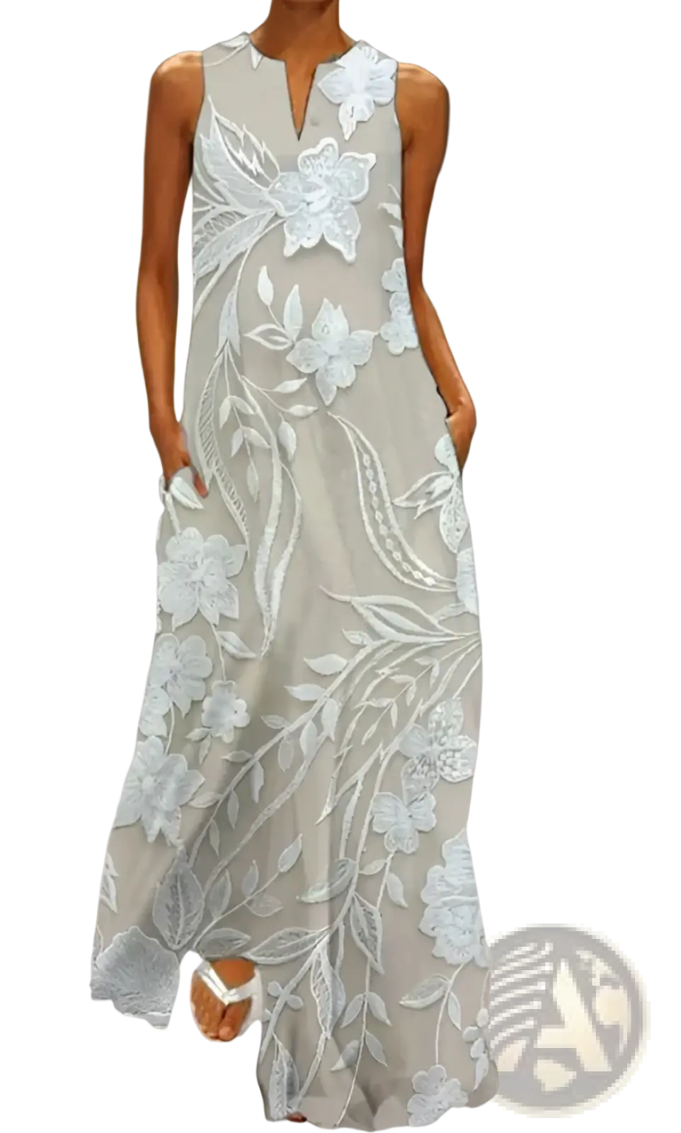 Elegant floral lace appliqué sleeveless maxi dress in sage green with white lace and silver thread detailing