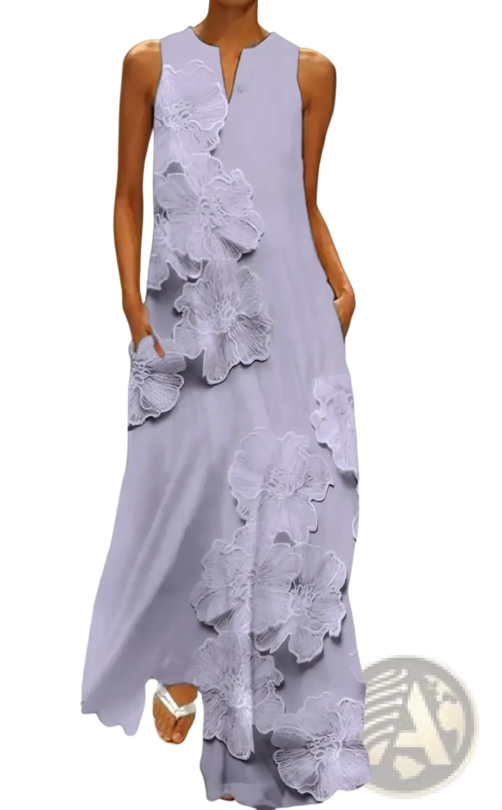 Elegant floral lace appliqué sleeveless lavender maxi dress with large layered white lace floral appliqués along the side