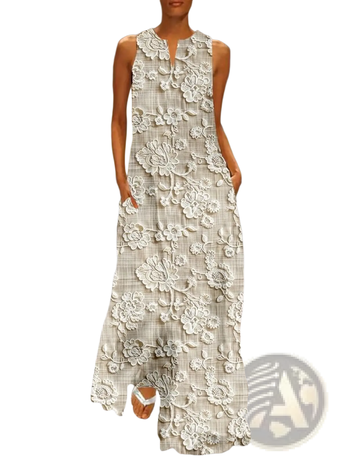 Elegant floral lace appliqué sleeveless maxi dress in light gray and white with intricate lace over a grid pattern