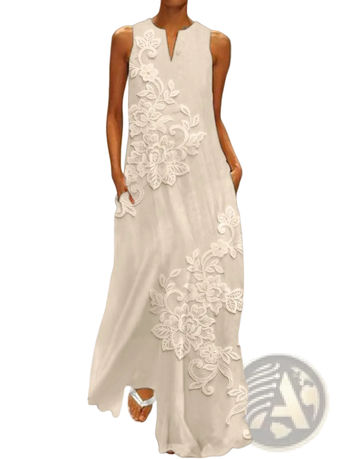 Elegant floral lace appliqué sleeveless maxi dress in off-white with intricate white lace detailing on front and sides
