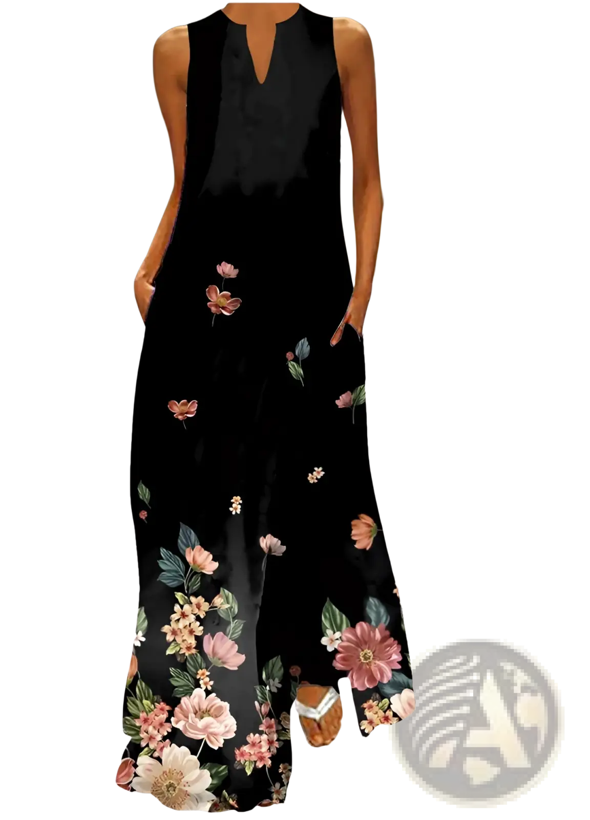 Black sleeveless maxi dress with elegant floral lace appliqué featuring soft pink peach white and green hues