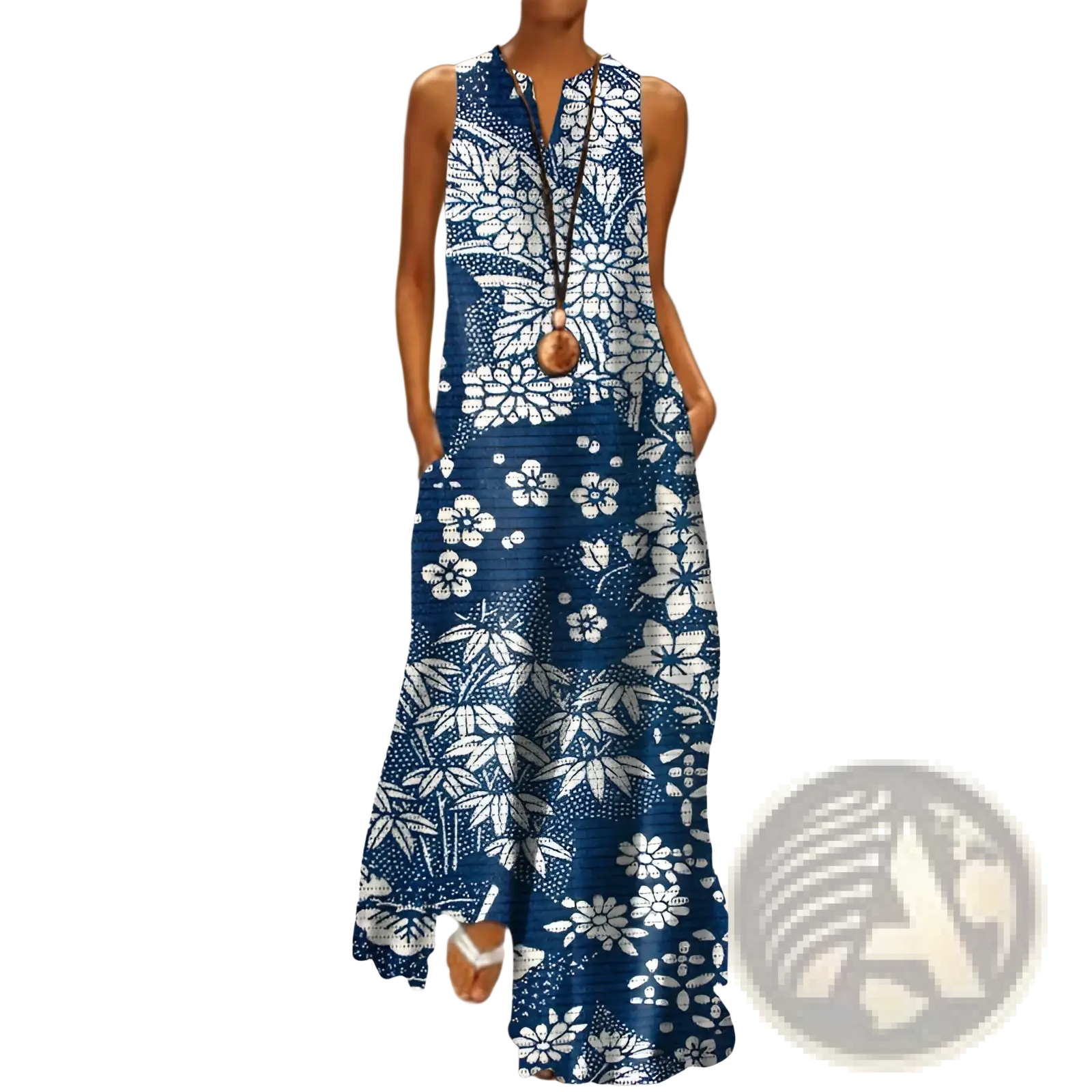 Elegant floral lace appliqué sleeveless navy blue maxi dress with white floral and bamboo pattern and subtle texture