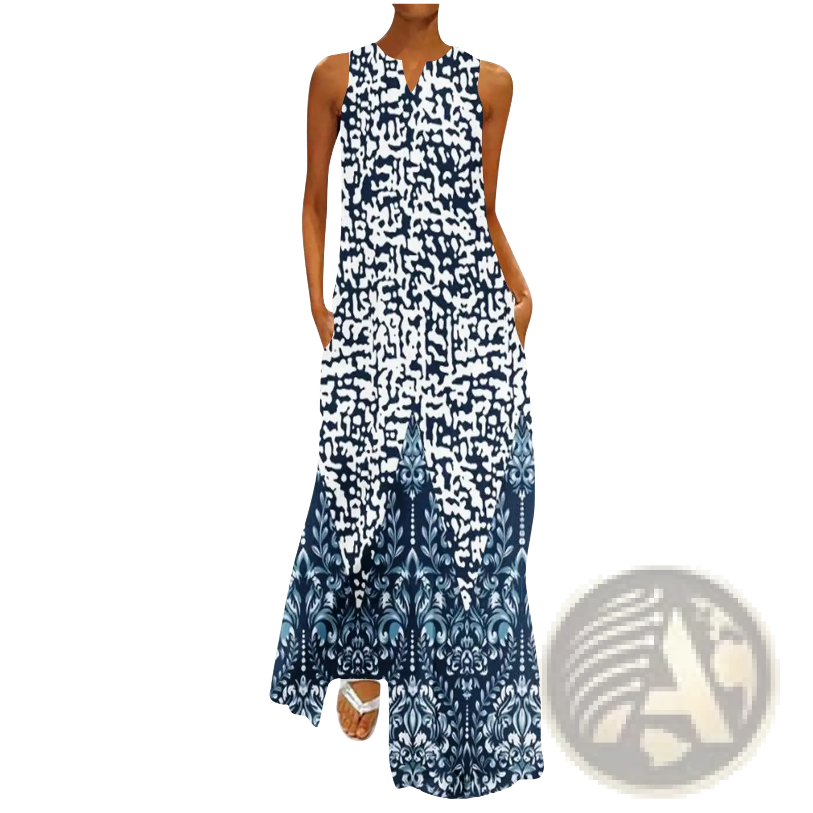 Elegant floral lace appliqué sleeveless maxi dress in navy blue and white with flowing abstract to damask patterns