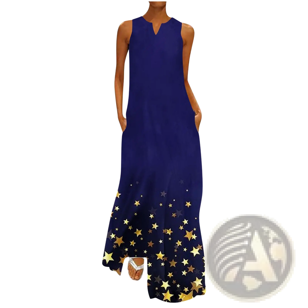 Elegant floral lace appliqué sleeveless navy blue maxi dress with v-neckline and gold star print fading from hem