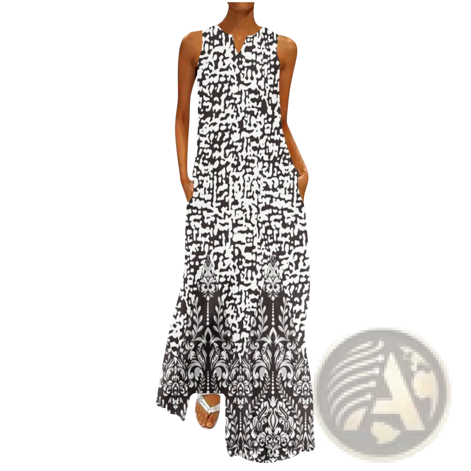 Elegant floral lace appliqué sleeveless maxi dress in black and white with bold abstract and ornate damask hem design