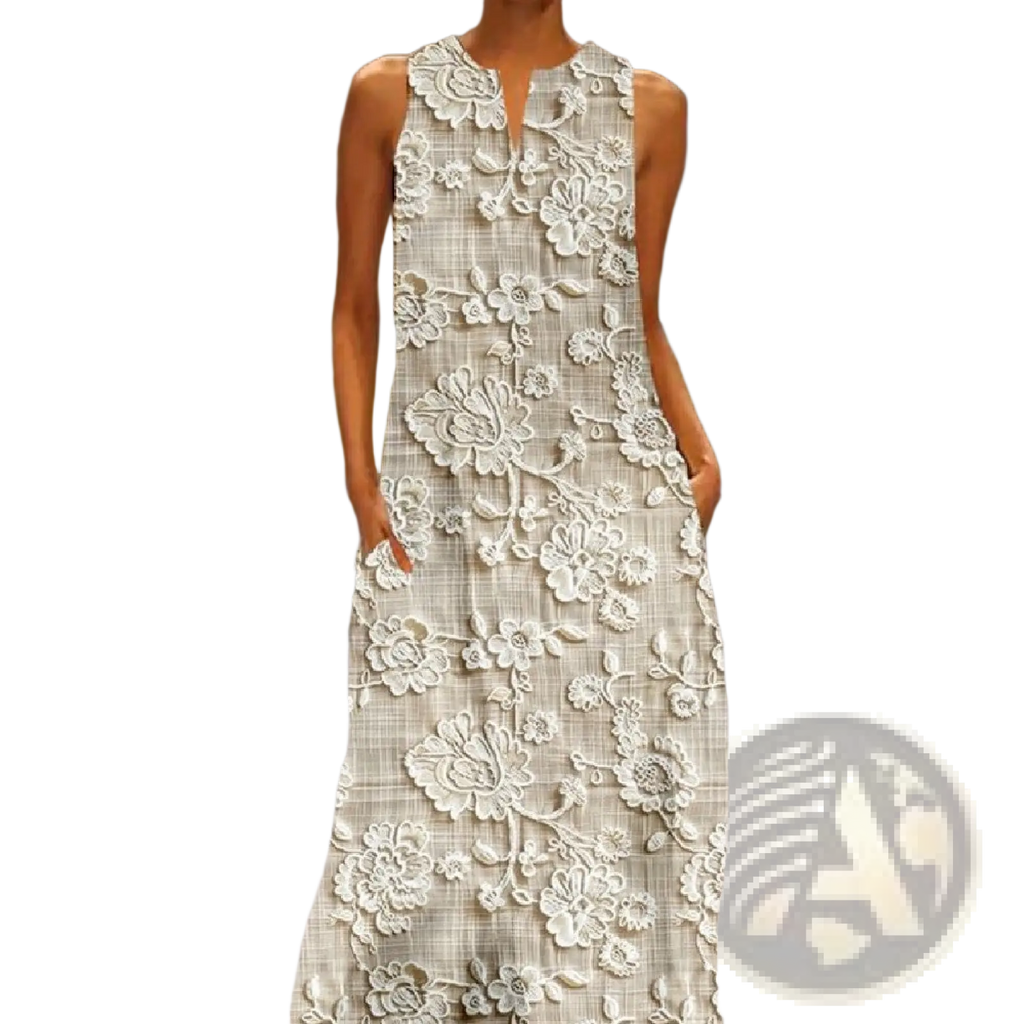 Elegant floral lace appliqué sleeveless maxi dress in light gray and white checkered fabric with 3D floral detailing