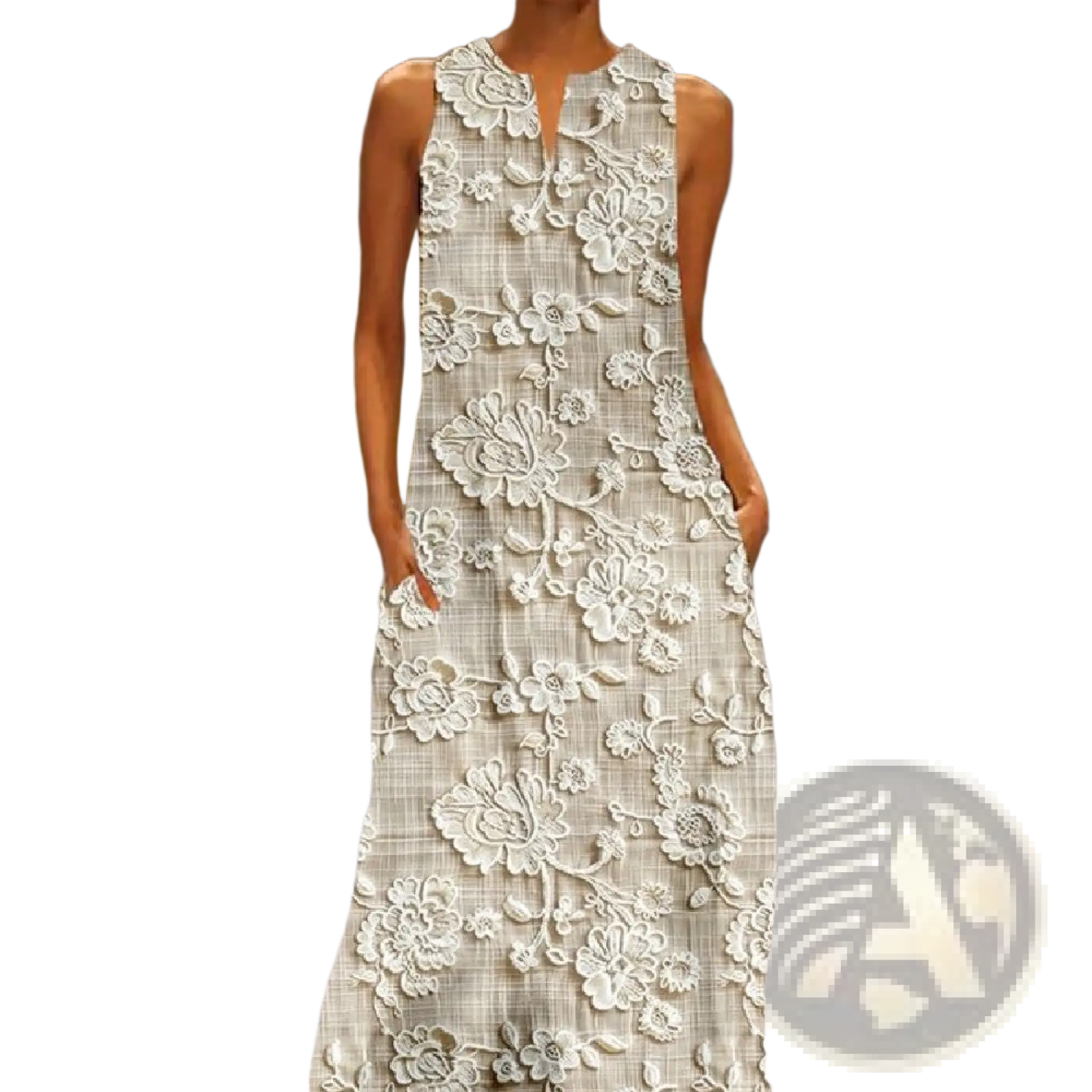 Elegant floral lace appliqué sleeveless maxi dress in light gray and white checkered fabric with 3D floral detailing