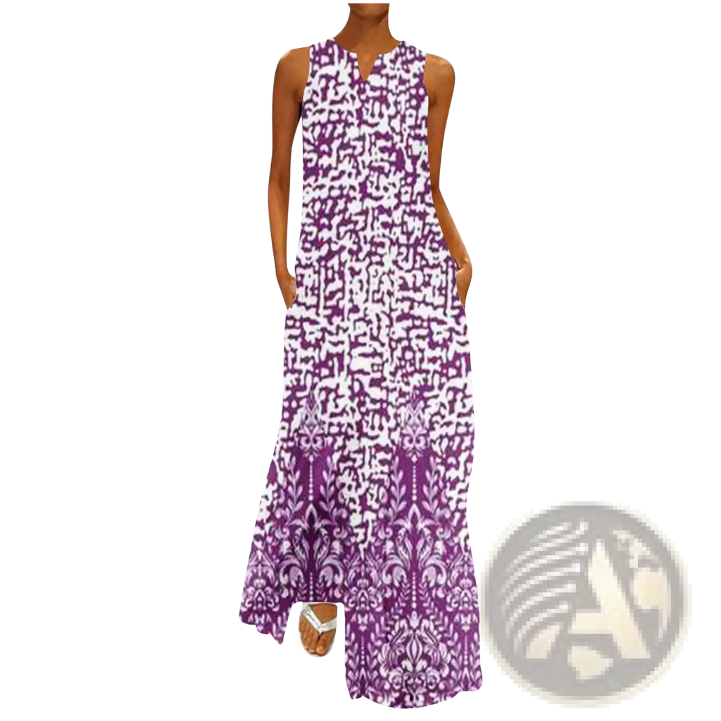 Elegant floral lace appliqué sleeveless maxi dress in vibrant purple and white with an abstract damask-inspired pattern