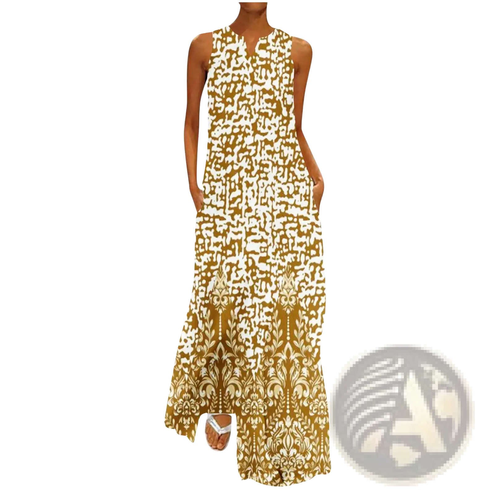 Elegant floral lace appliqué sleeveless maxi dress in mustard yellow and white damask pattern with side pockets