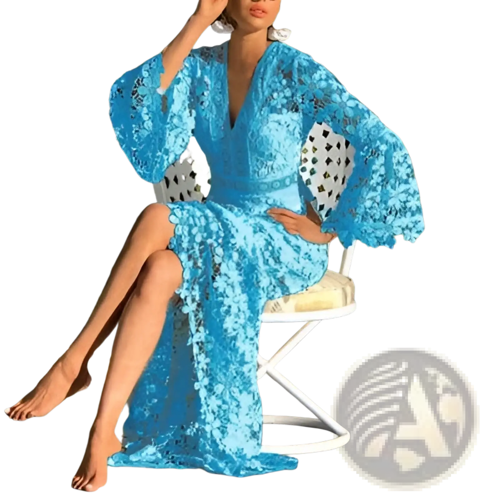 A vibrant blue elegant floral lace midi dress with flowing bell-shaped sleeves and a deep v-neckline