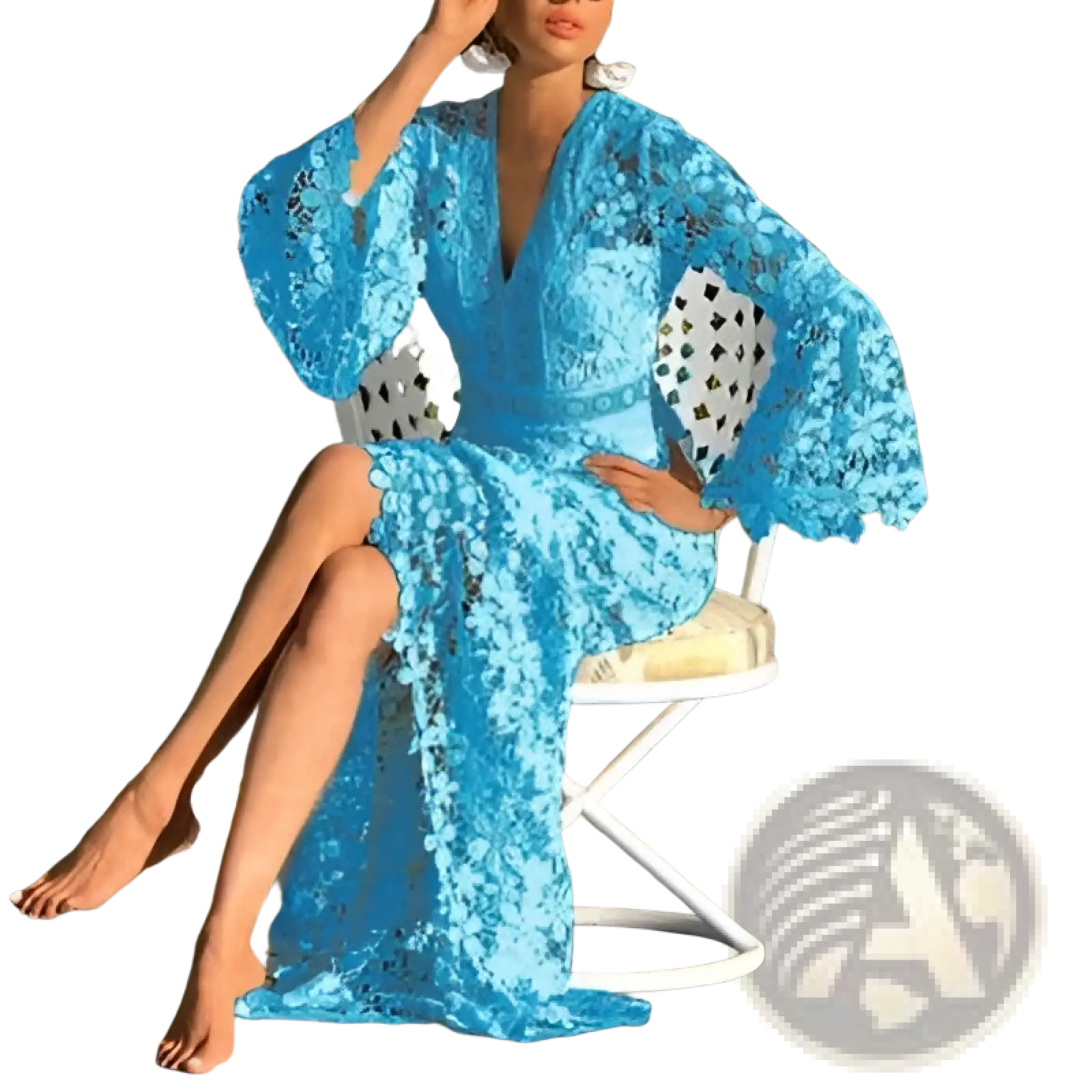 A vibrant blue elegant floral lace midi dress with flowing bell-shaped sleeves and a deep v-neckline
