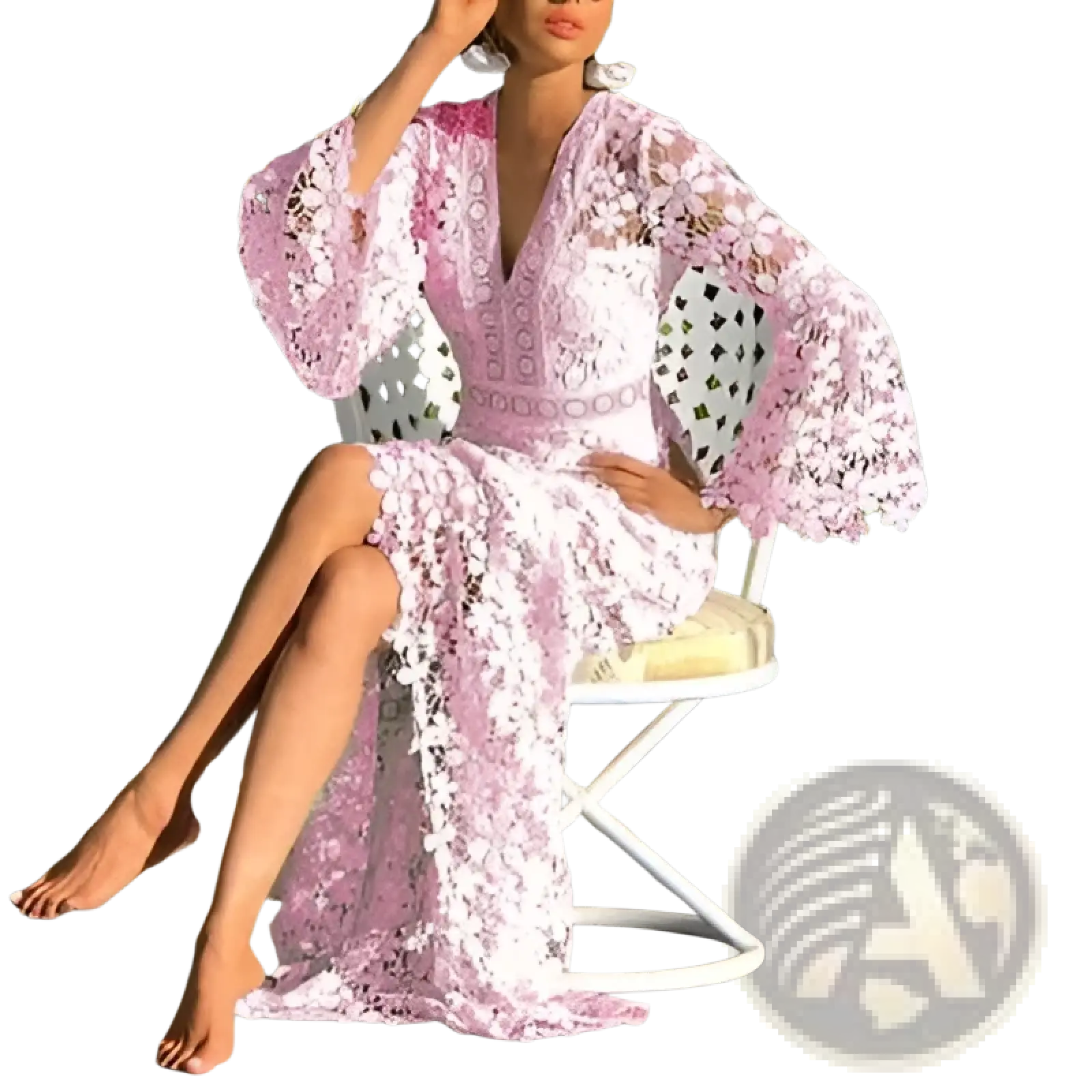 Elegant floral lace bell sleeve midi dress in delicate pink with intricate floral patterns and a v-neckline