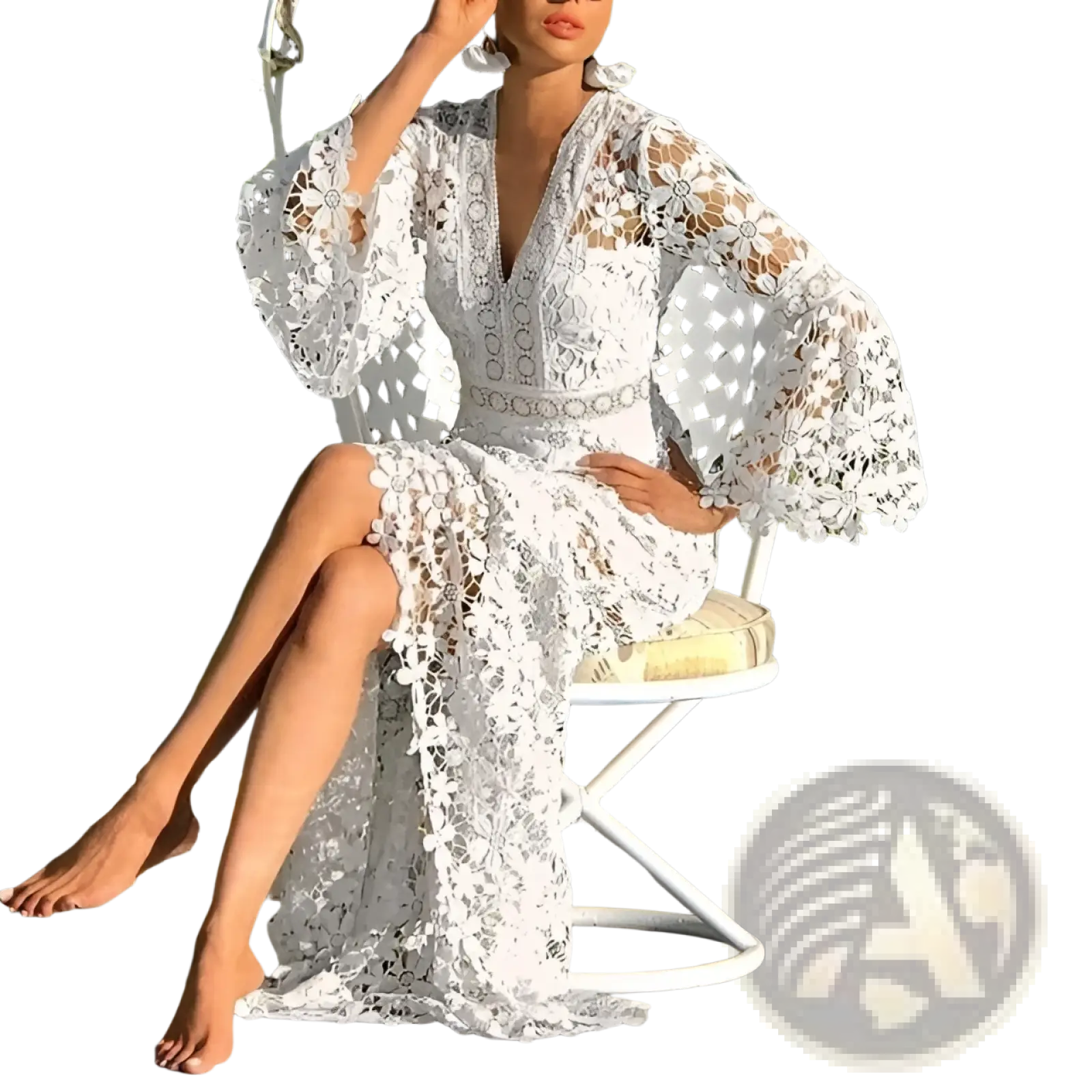 Elegant floral lace bell sleeve midi dress in white featuring intricate floral patterns and delicate bell sleeves