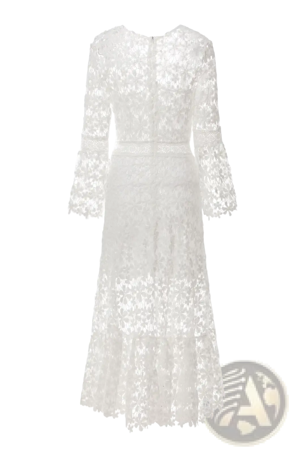 Elegant floral lace bell sleeve midi dress in white featuring long sleeves and a fitted waistband