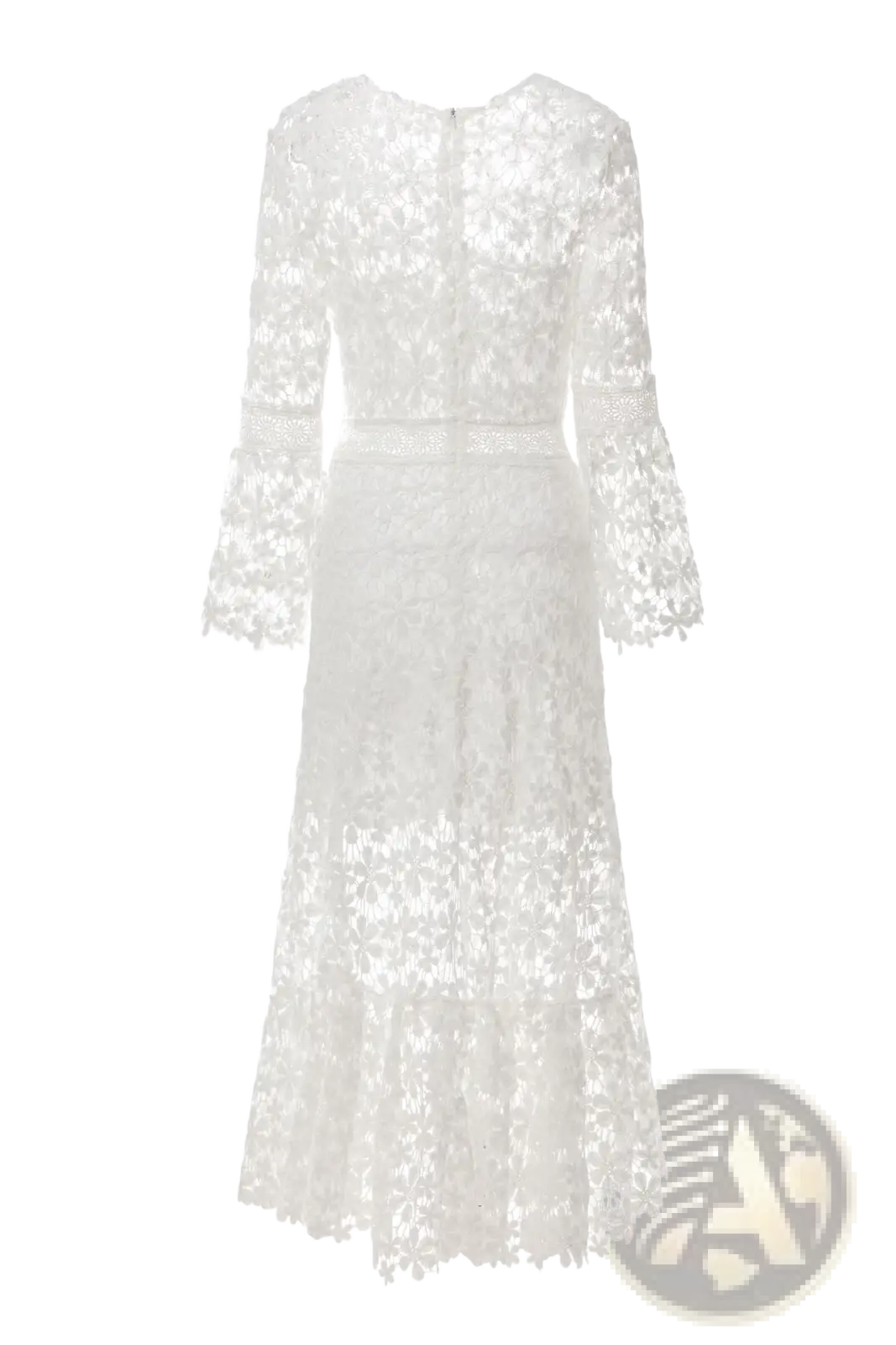 Elegant floral lace bell sleeve midi dress in white featuring long sleeves and a fitted waistband