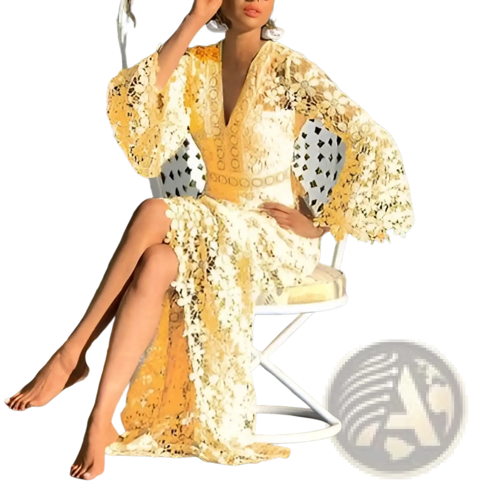 A flowing yellow lace midi dress with intricate floral patterns and elegant bell sleeves