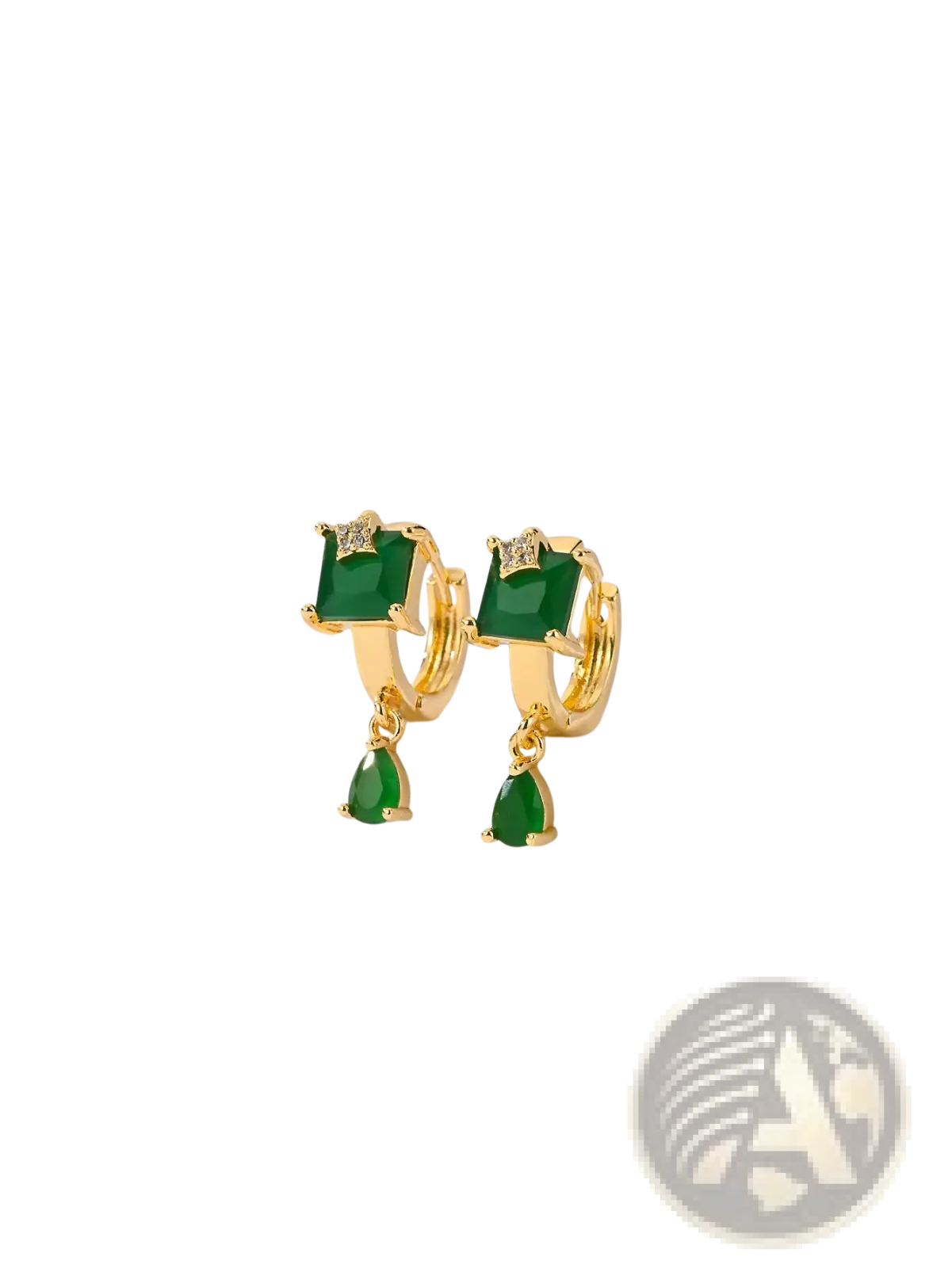 Elegant geometric gemstone drop hoop earrings featuring gold hoops with square emerald green stones and diamond accents