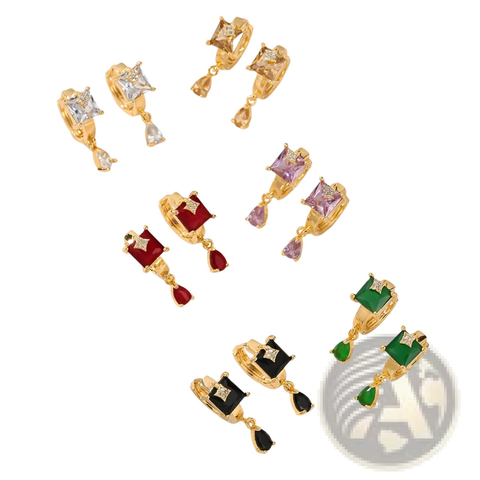 Elegant geometric gemstone drop hoop earrings in gold tone with square and teardrop clear pink red green and black gemstones