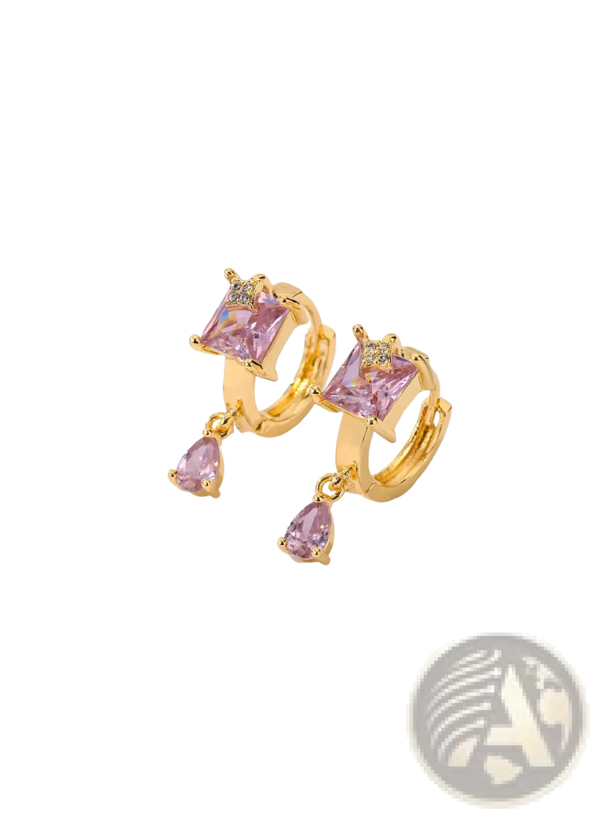 Elegant geometric gemstone drop hoop earrings in gold with pink square and teardrop shaped crystals