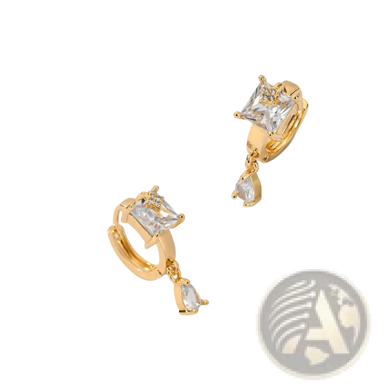 Elegant geometric gemstone drop hoop earrings in gold tone with square-cut and teardrop clear crystals accented by diamonds