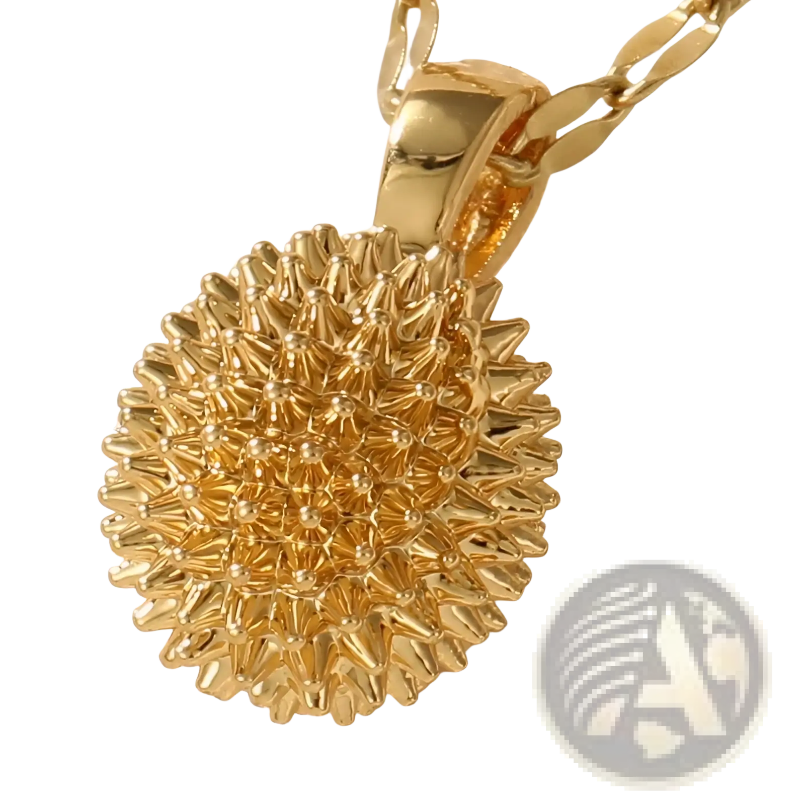 Elegant gold sunburst durian pendant necklace featuring a gold-colored spiked sunflower pendant on a matching chain