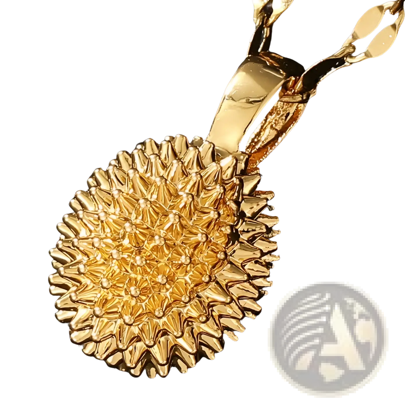 Elegant gold sunburst durian pendant necklace featuring a gold-colored spiked durian pendant on a chain