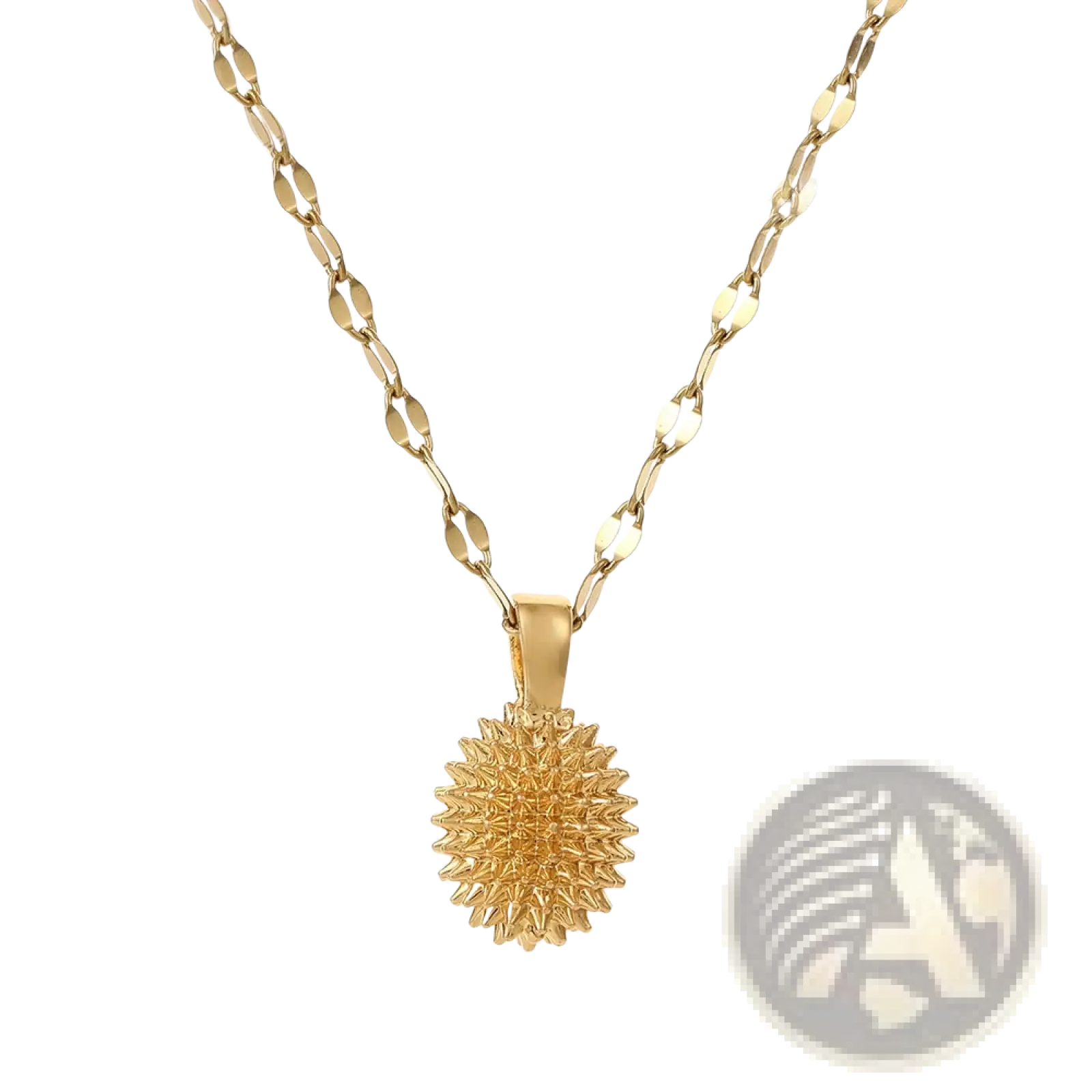 Elegant gold sunburst durian pendant necklace featuring a detailed spiked circular design with linked chain