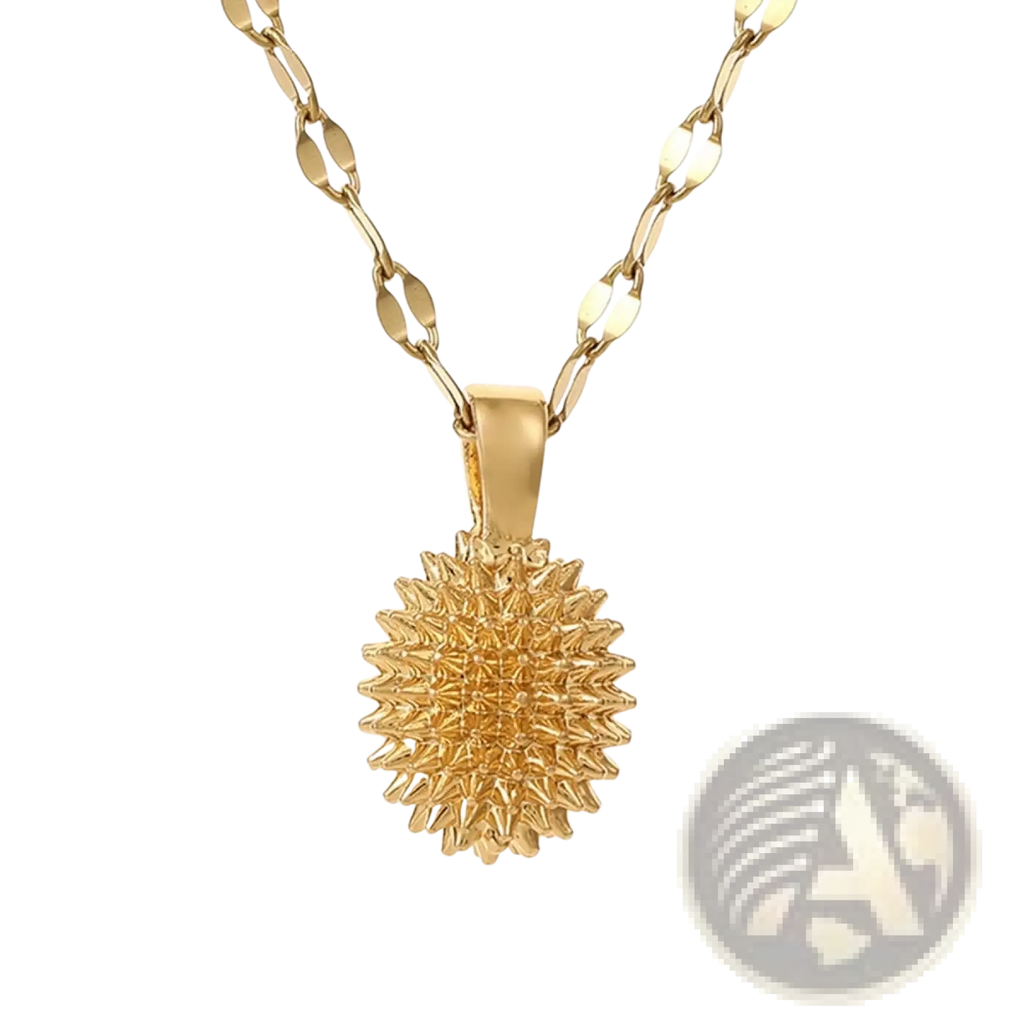Elegant gold sunburst durian pendant necklace with 1.5cm height spiked pendant on an oval link chain