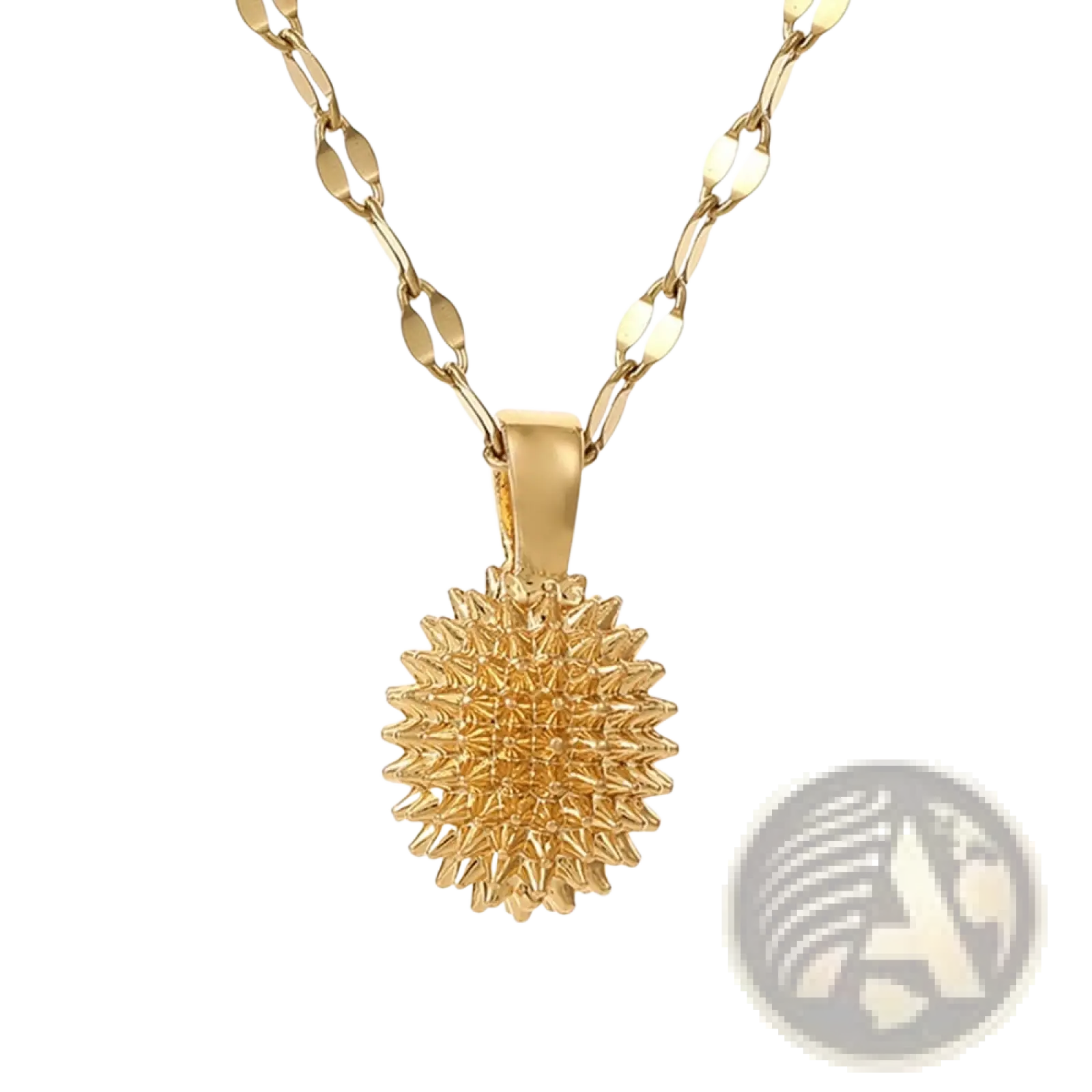 Elegant gold sunburst durian pendant necklace with 1.5cm height spiked pendant on an oval link chain