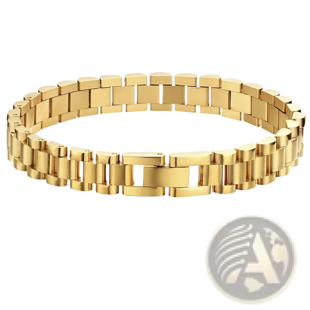 Elegant gold titanium link bracelet featuring a gold-toned stainless steel bracelet with classic link design and pearl accents