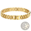 Elegant gold titanium link bracelet featuring a gold-toned stainless steel bracelet with classic link design and pearl accents