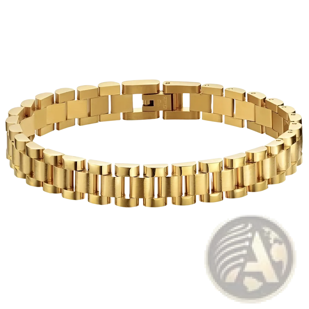 Elegant gold titanium link bracelet with pearl accents featuring a polished gold-toned stainless steel classic link design