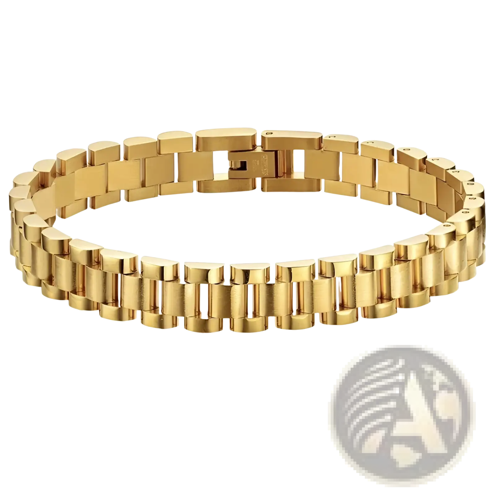 Elegant gold titanium link bracelet with pearl accents featuring a polished gold-toned stainless steel classic link design