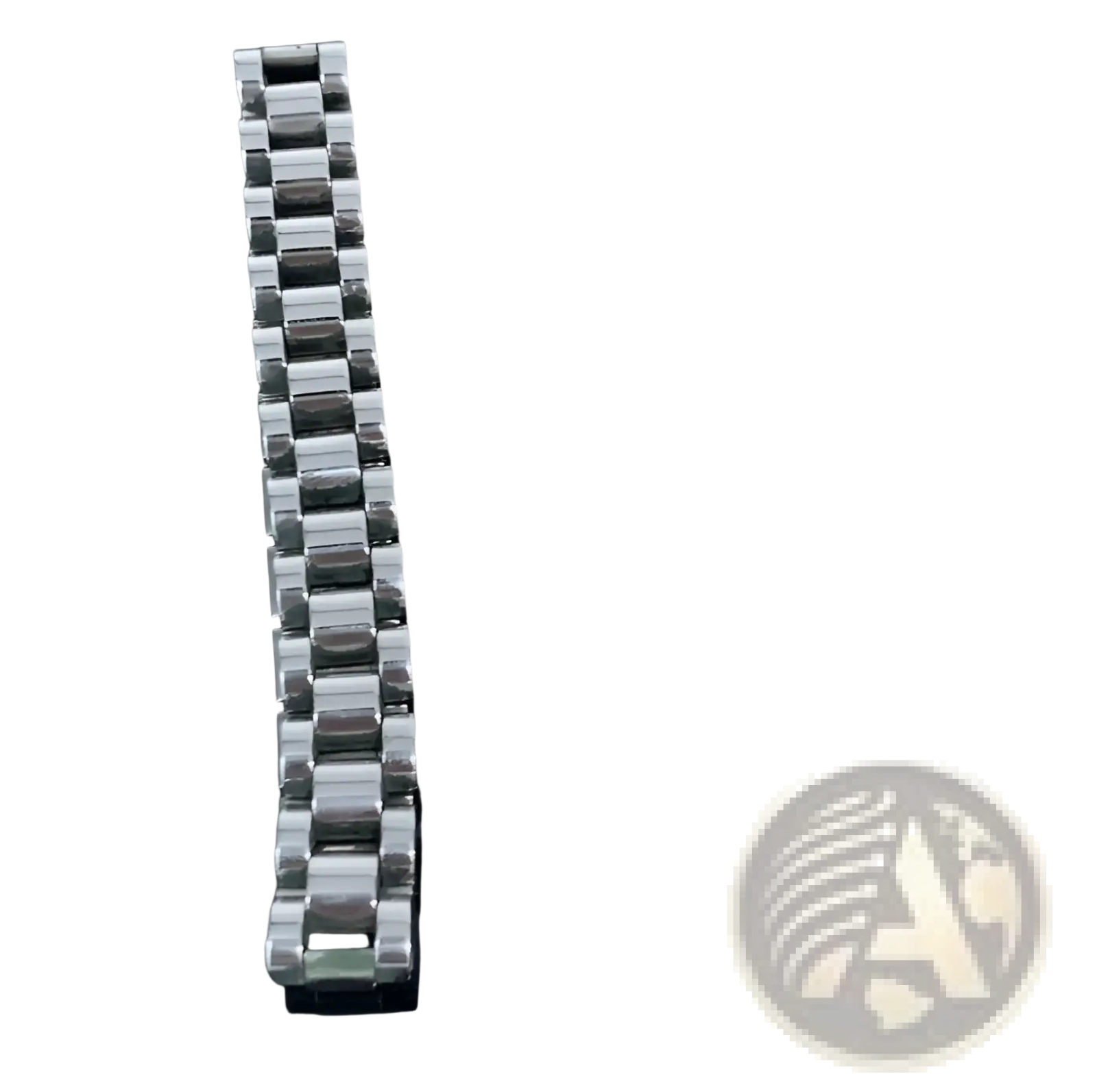Silver-toned stainless steel watch bracelet with sleek interlocking links complementing elegant gold titanium design
