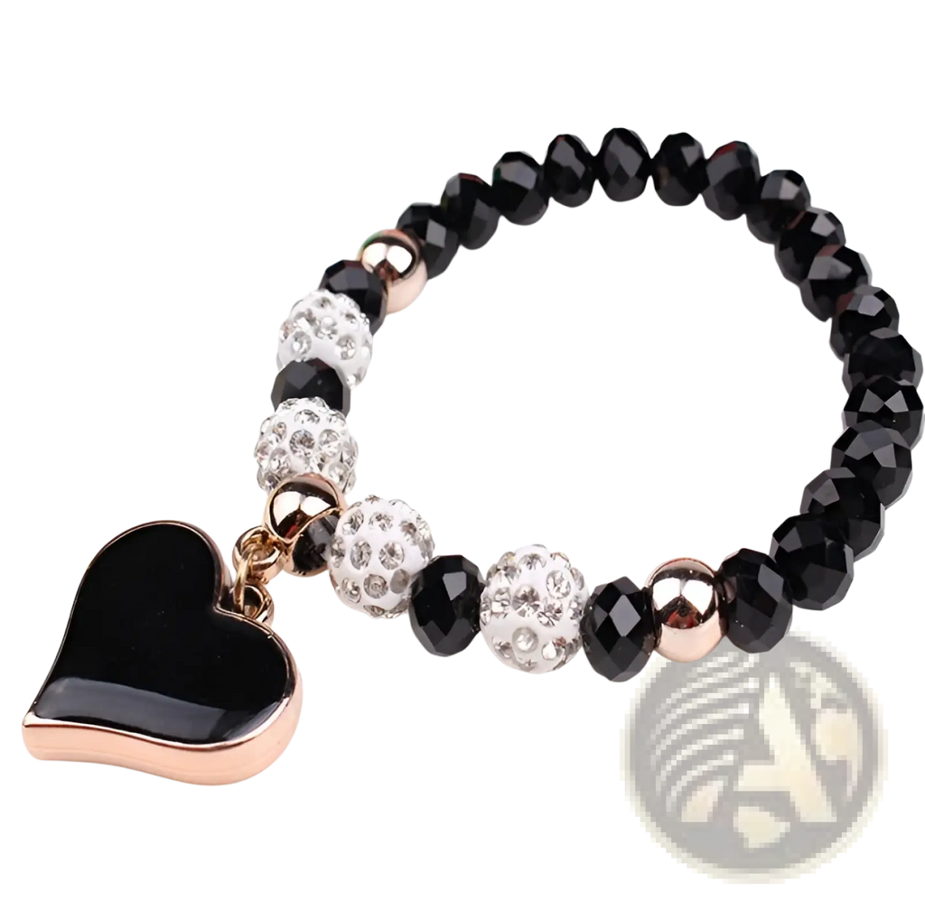 Elegant heart charm beaded elastic bracelet set featuring black and rose gold beads with a heart-shaped pendant