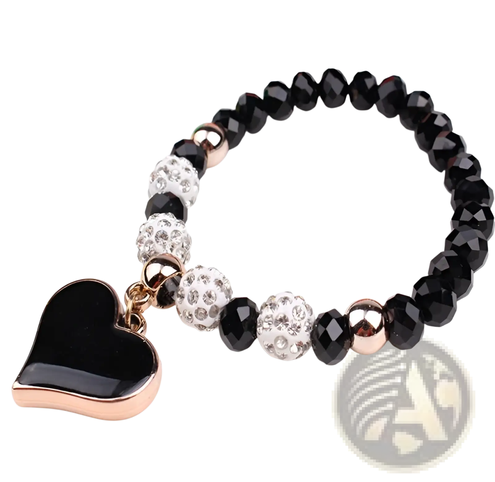 Elegant heart charm beaded elastic bracelet set featuring black and rose gold beads with a heart-shaped pendant