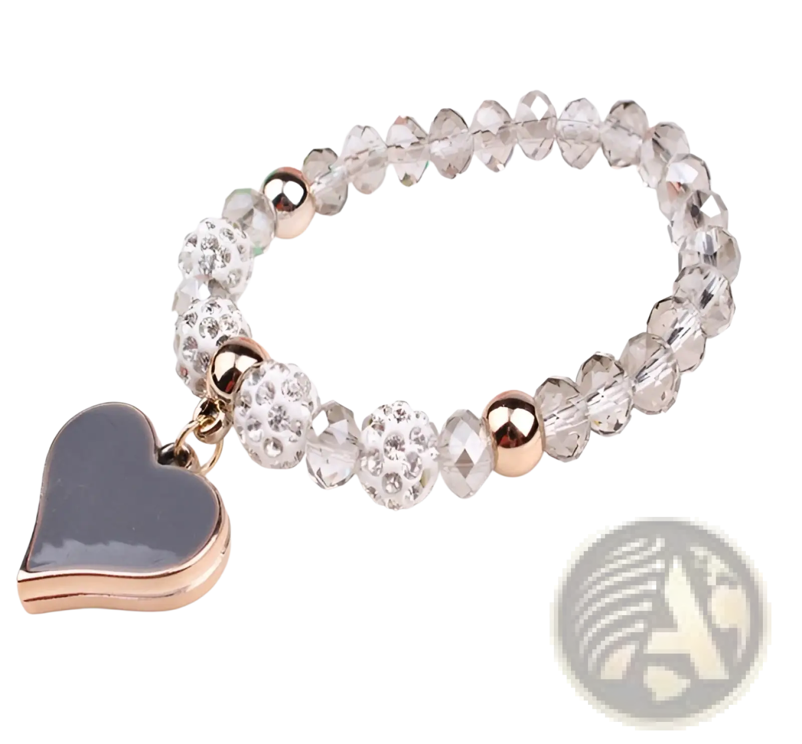 Elegant heart charm beaded elastic bracelet featuring clear faceted beads rose gold accents and dark gray heart pendant