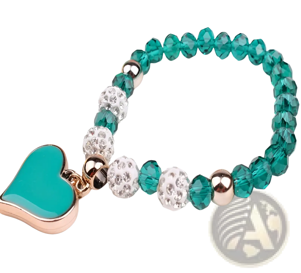 Elegant heart charm beaded elastic bracelet set with turquoise heart charm and faceted teal crystal and rhinestone beads