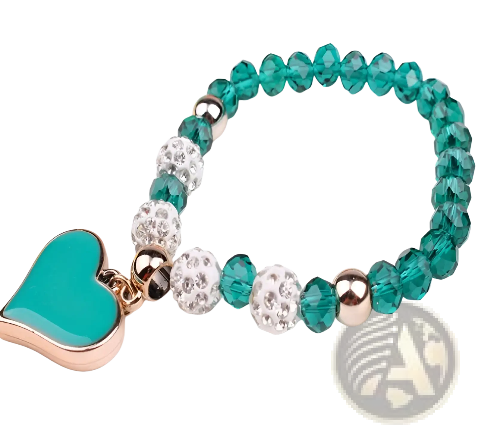 Elegant heart charm beaded elastic bracelet set with turquoise heart charm and faceted teal crystal and rhinestone beads