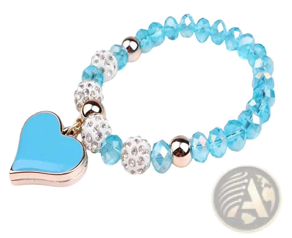 Elegant heart charm beaded elastic bracelet set with delicate blue crystal beads silver rhinestones and turquoise charm