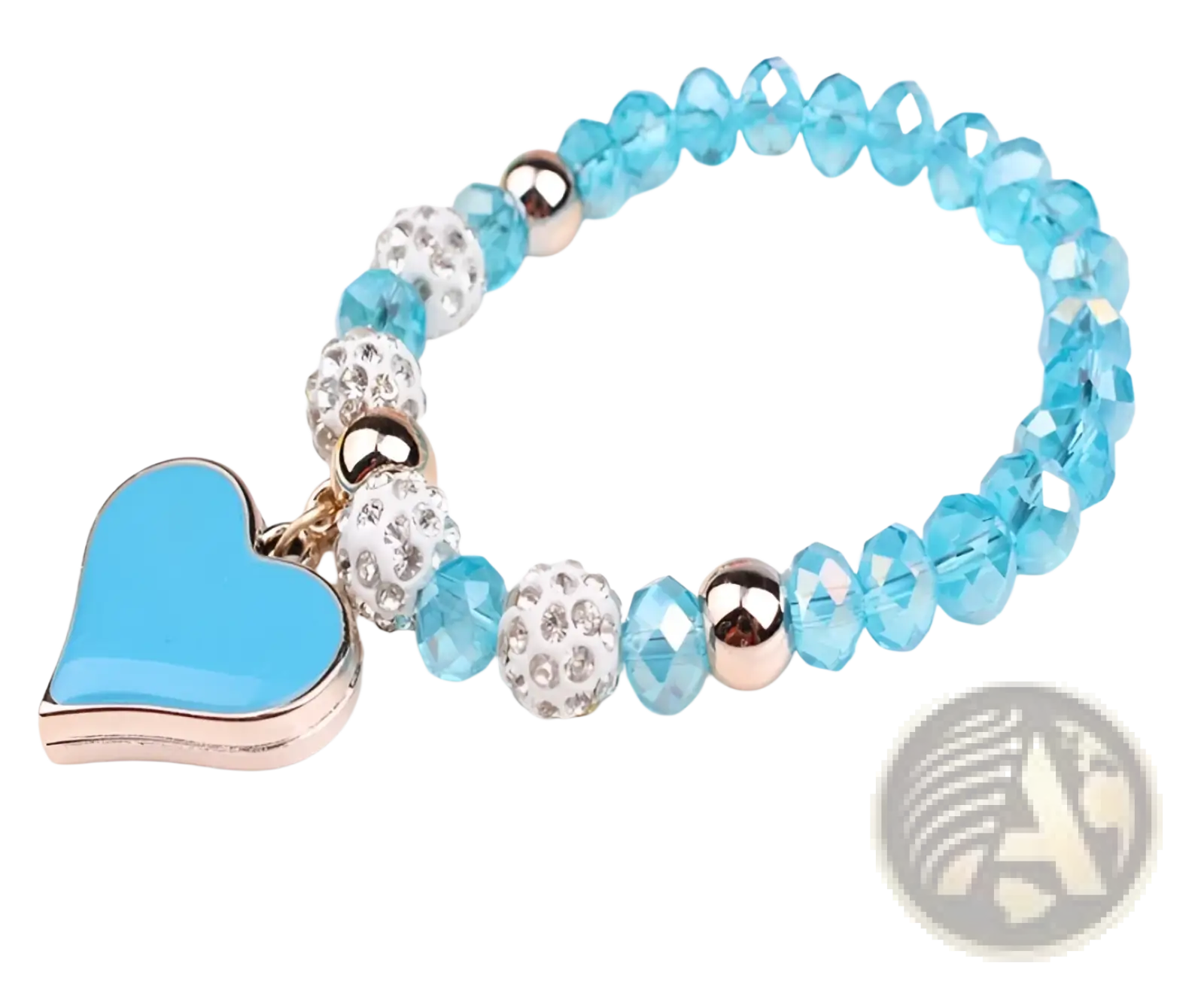 Elegant heart charm beaded elastic bracelet set with delicate blue crystal beads silver rhinestones and turquoise charm