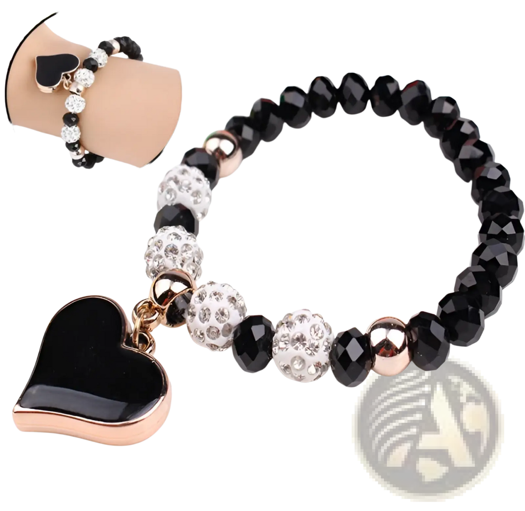 Elegant heart charm beaded elastic bracelet set with black and rose gold beads crystal encrusted white spheres and metallic accents