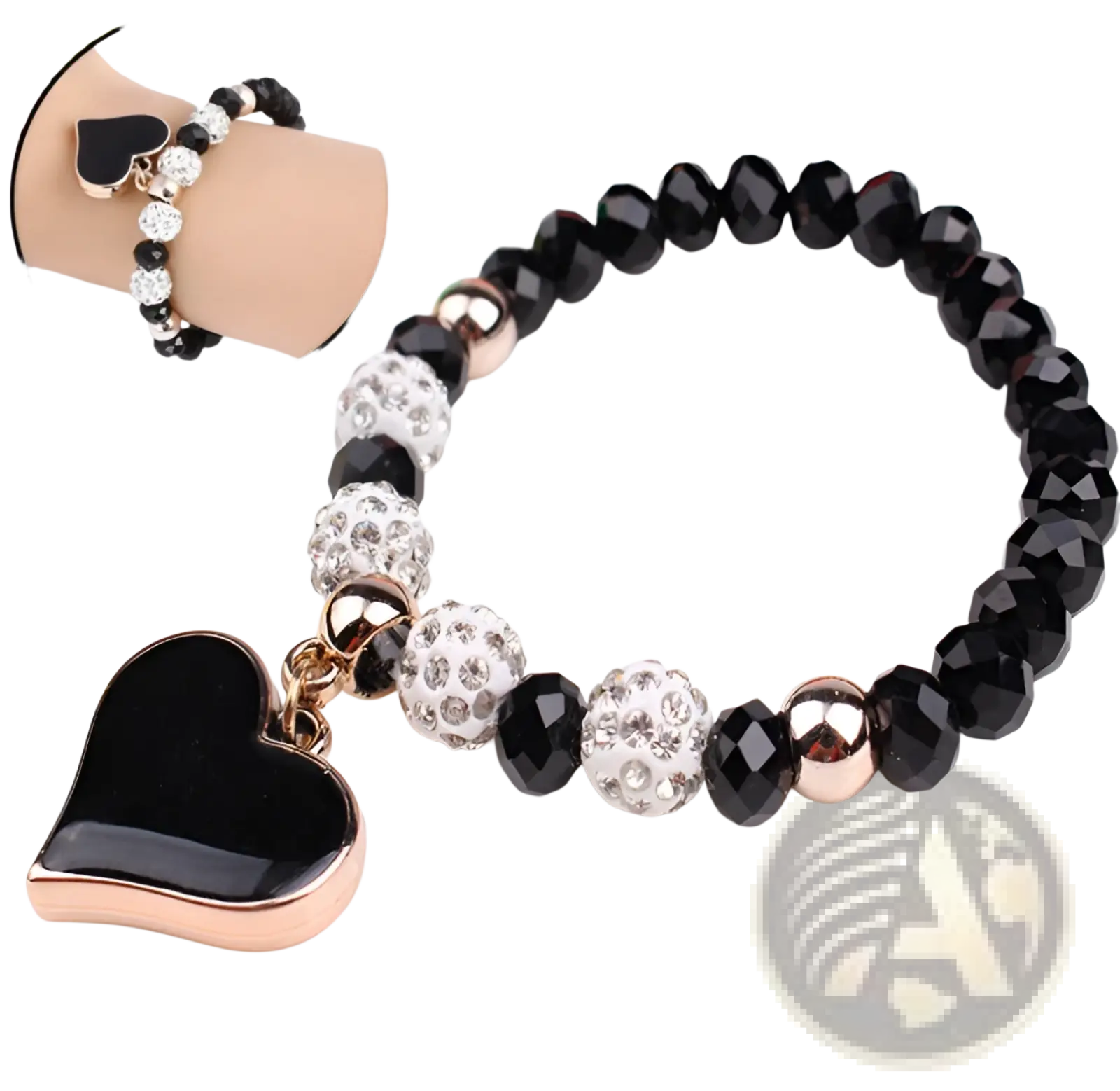 Elegant heart charm beaded elastic bracelet set with black and rose gold beads crystal encrusted white spheres and metallic accents